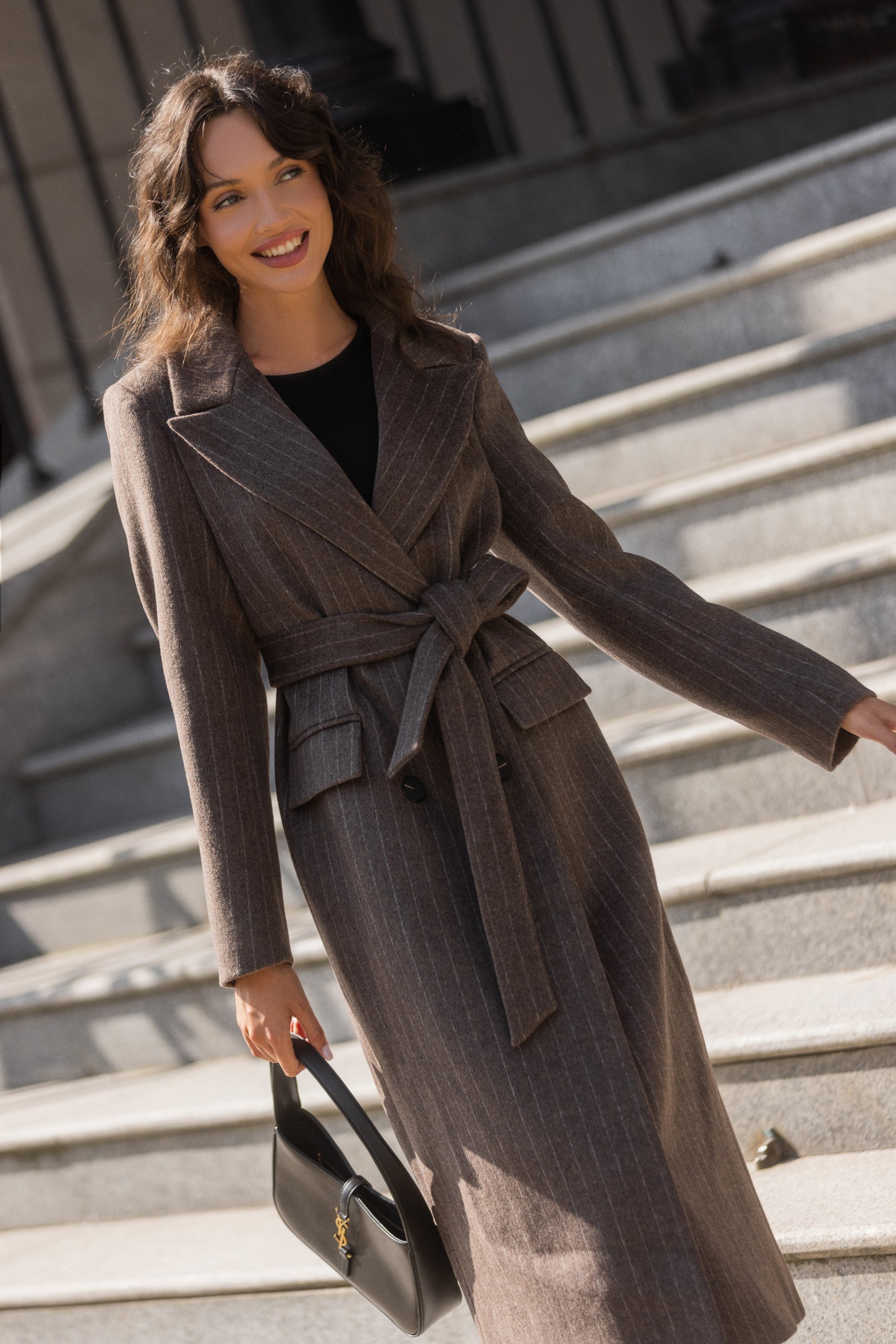 Пальто-халат в полоску, шоколадный