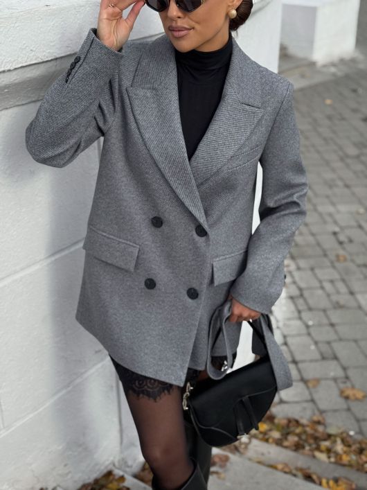 Полупальто из шерсти в елочку, синий