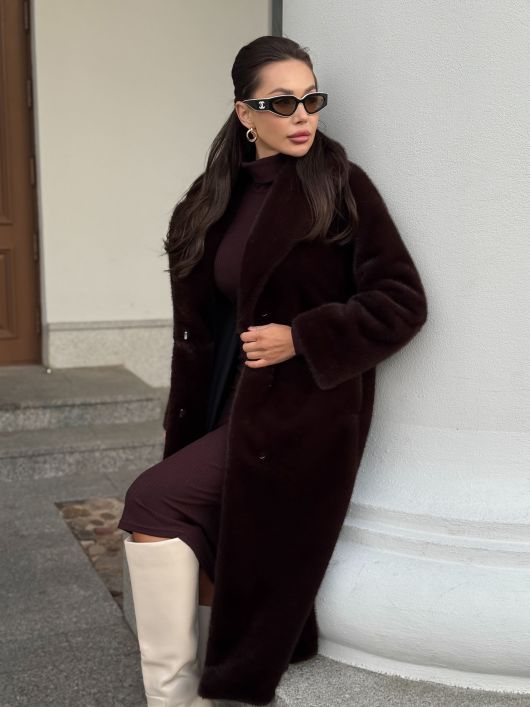 Шубка "волк" в макси длине, шоколадный