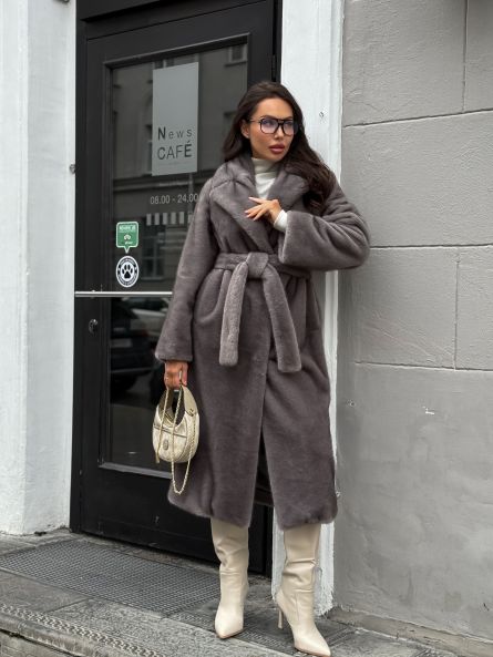 Шубка "волк" в макси длине, графитовый