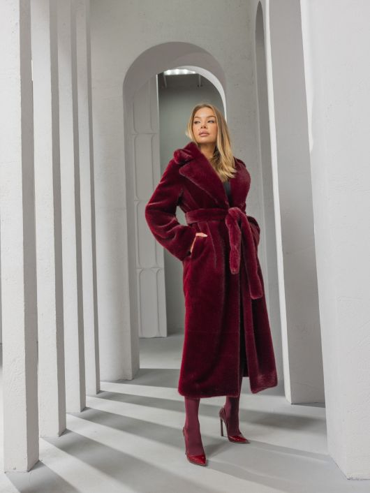 Шубка "волк" в макси длине, бургунди