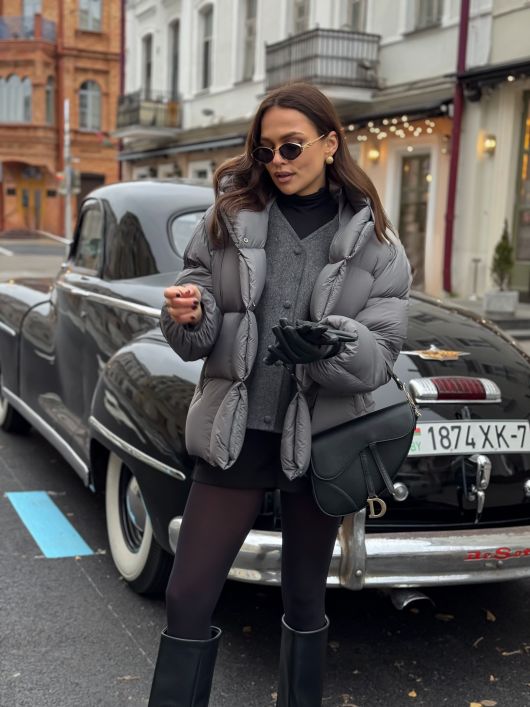 Пуховик укороченный с капюшоном, графитовый