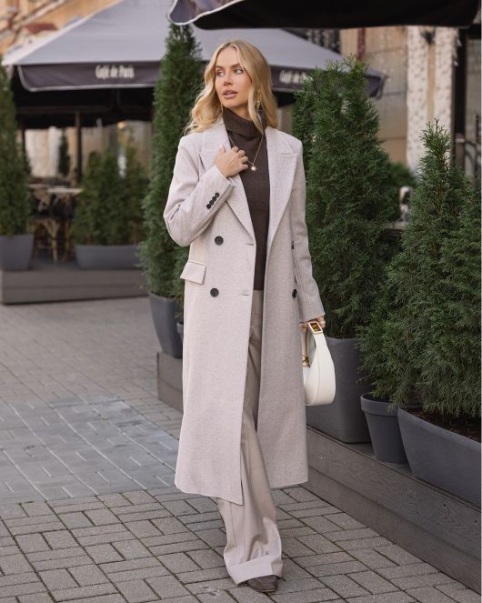 Пальто из шерсти в елочку, шоколадный