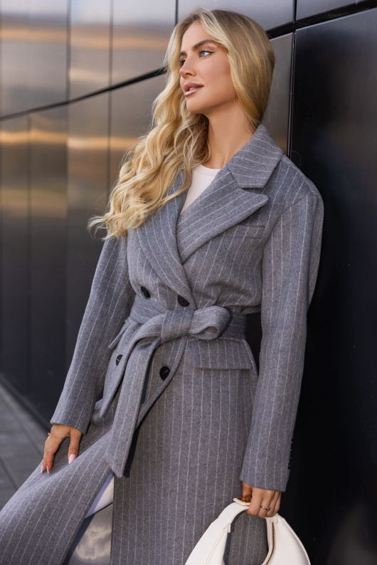 Пальто из шерсти в полоску, серый