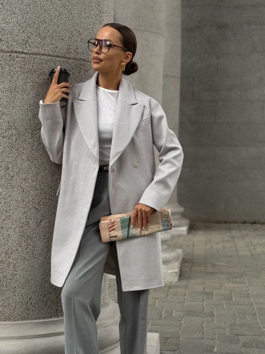 Пальто из шерсти в елочку, бежевый