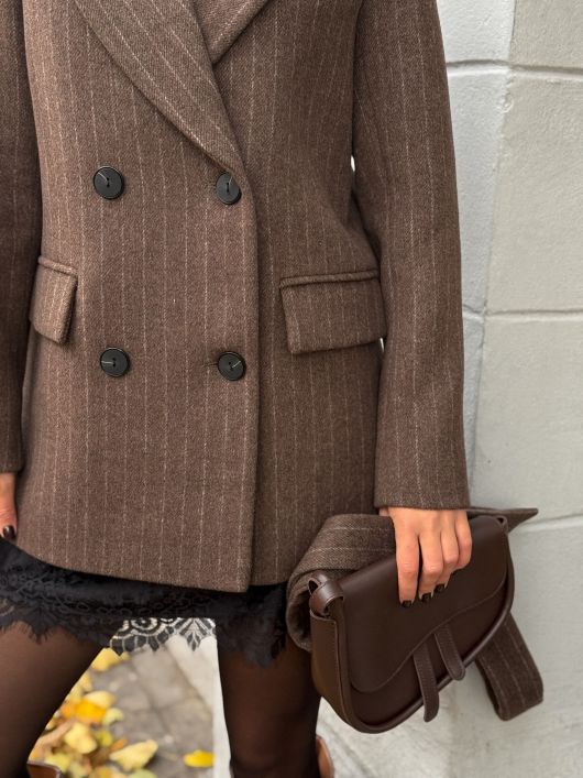 Полупальто из шерсти в полоску, шоколадный