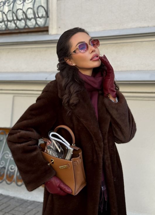 Шубка "волк" в макси длине, кофейный