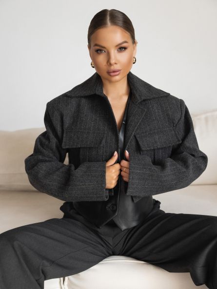 Жакет укороченный в полоску, черный