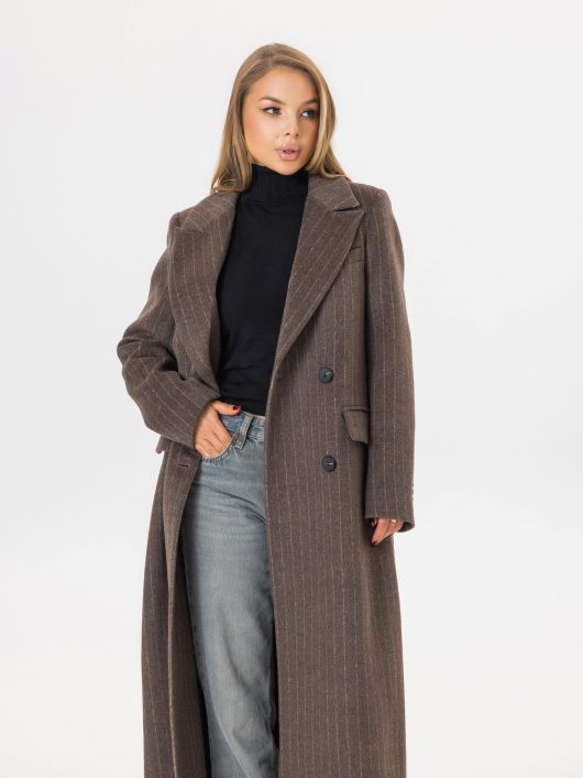 Пальто-халат в полоску, шоколадный