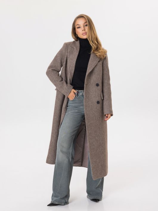 Пальто из шерсти в твид, шоколад