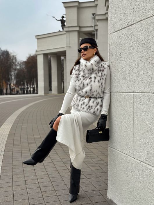 Манишка из эко-песца, рысь белый