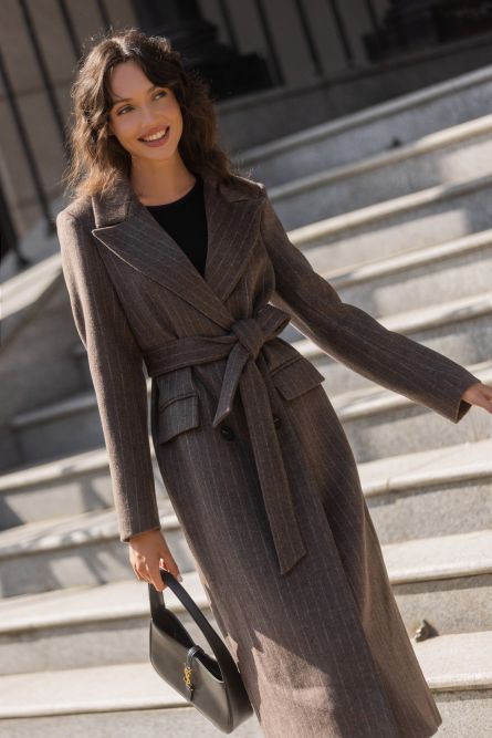 Пальто-халат в полоску, шоколадный