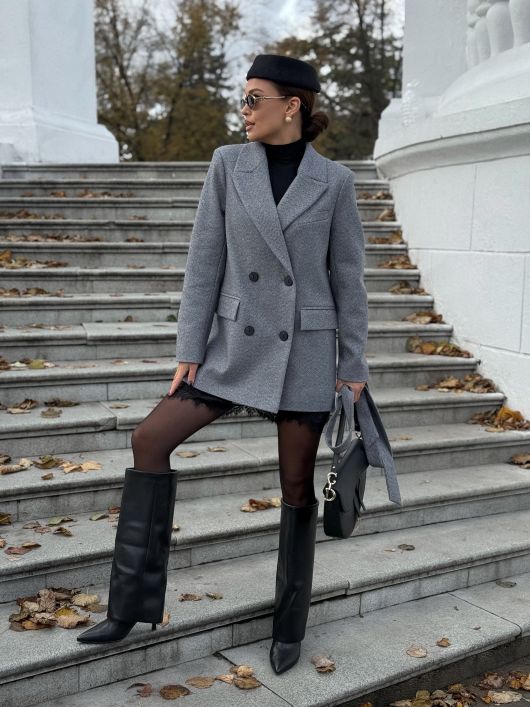 Полупальто из шерсти в елочку, синий