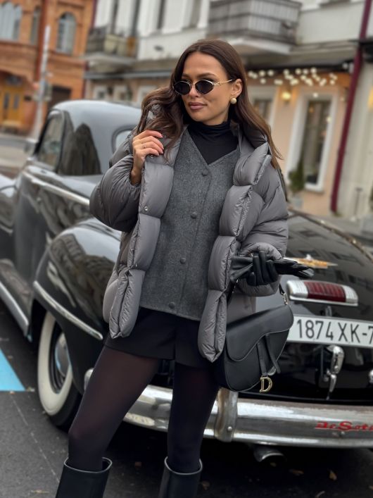 Пуховик укороченный с капюшоном, графитовый