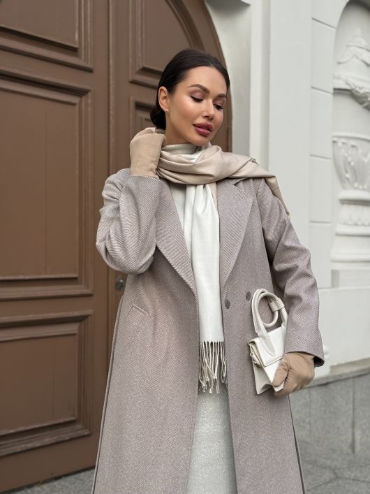 Пальто из шерсти в елочку, шоколадный